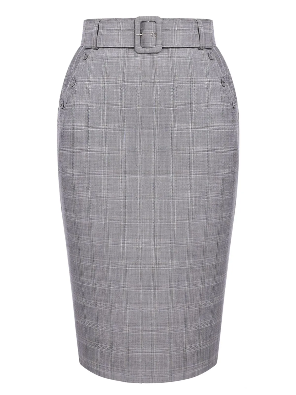 Gray 1960s Plaid Belt Pencil Skirt