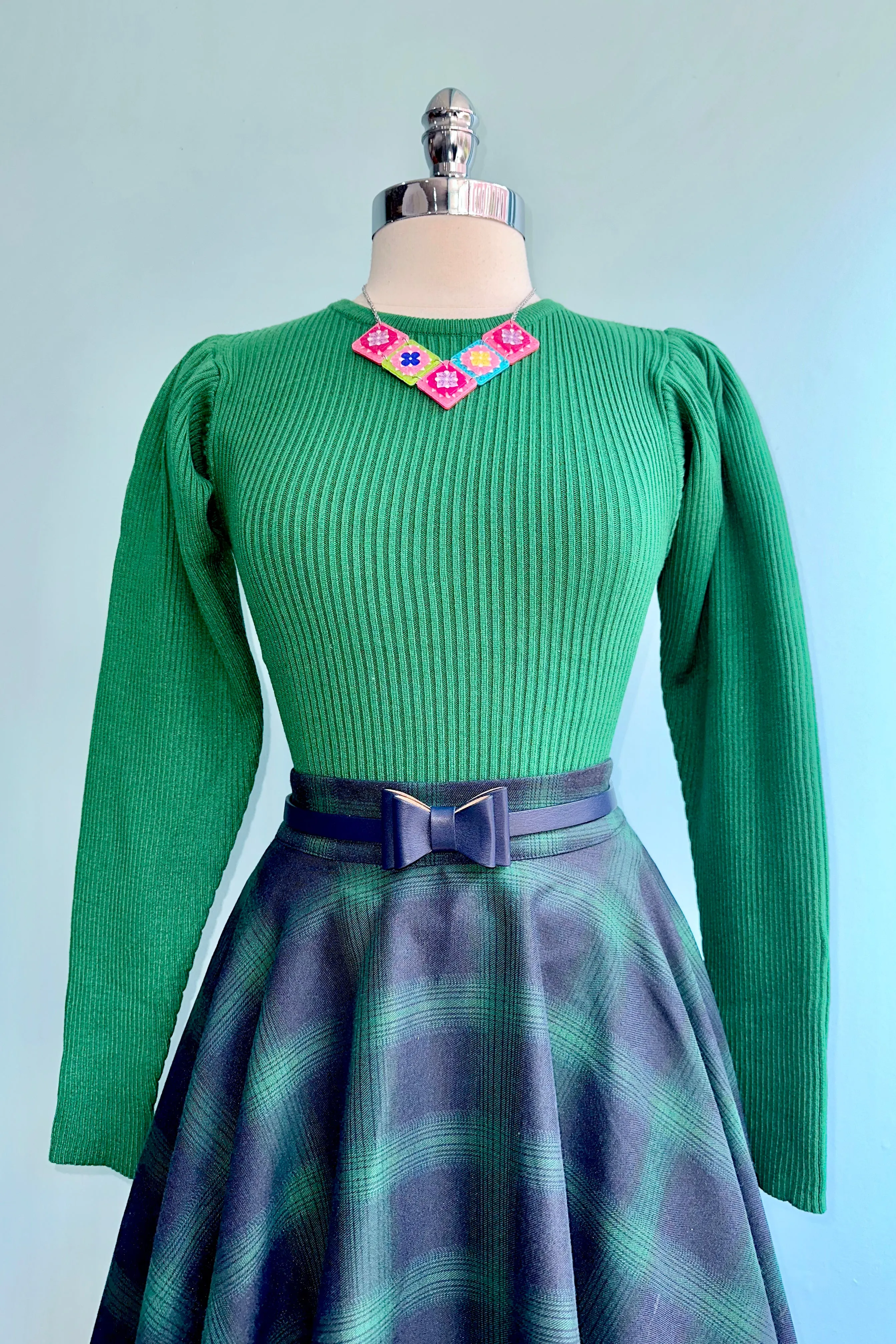 Green Ribbed Knit Puff Sleeve Sweater by Wild Pony