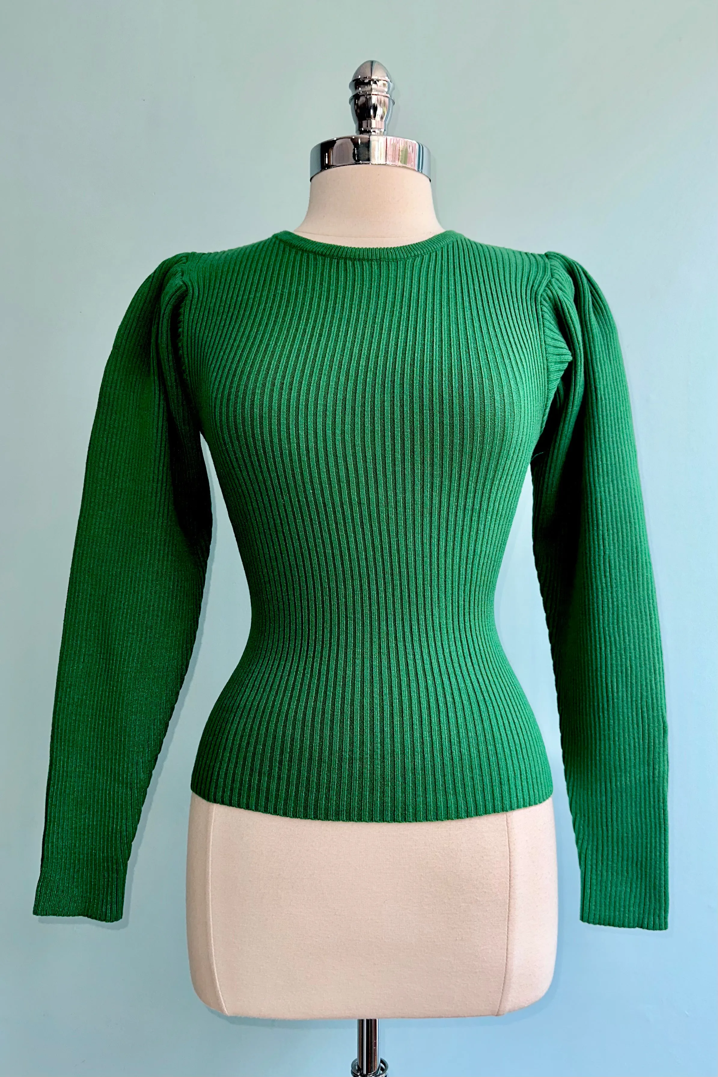 Green Ribbed Knit Puff Sleeve Sweater by Wild Pony