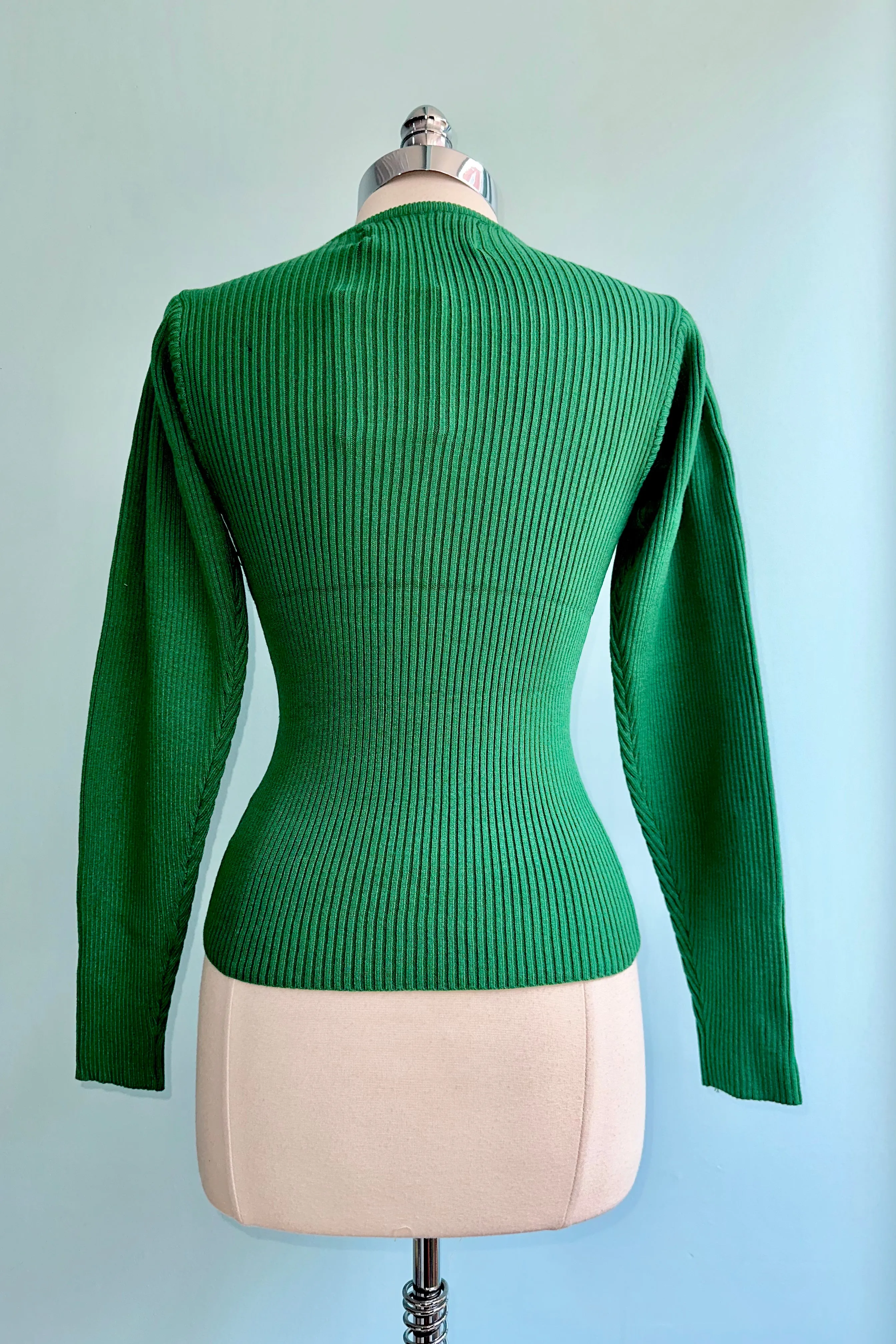 Green Ribbed Knit Puff Sleeve Sweater by Wild Pony