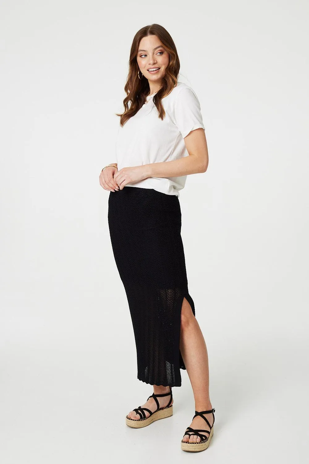 High Waist Crochet Knit Midi Skirt