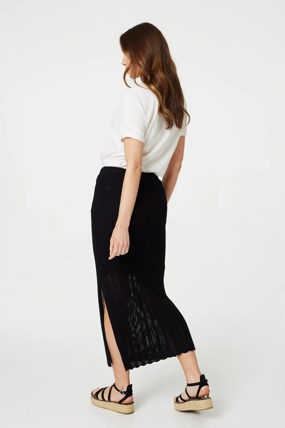 High Waist Crochet Knit Midi Skirt