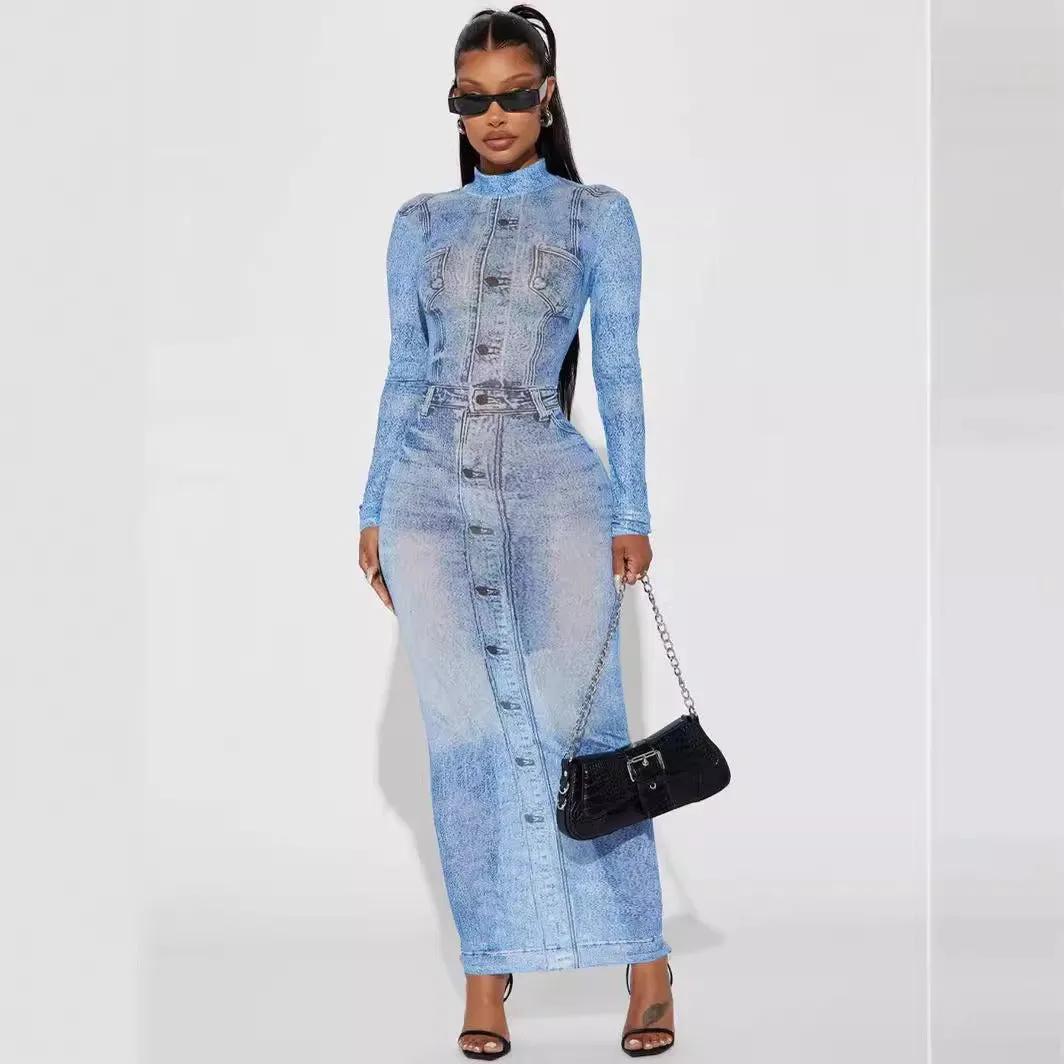 Imitation Denim Printed Long Sleeve Mock Neck Maxi Dress