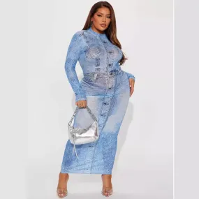 Imitation Denim Printed Long Sleeve Mock Neck Maxi Dress