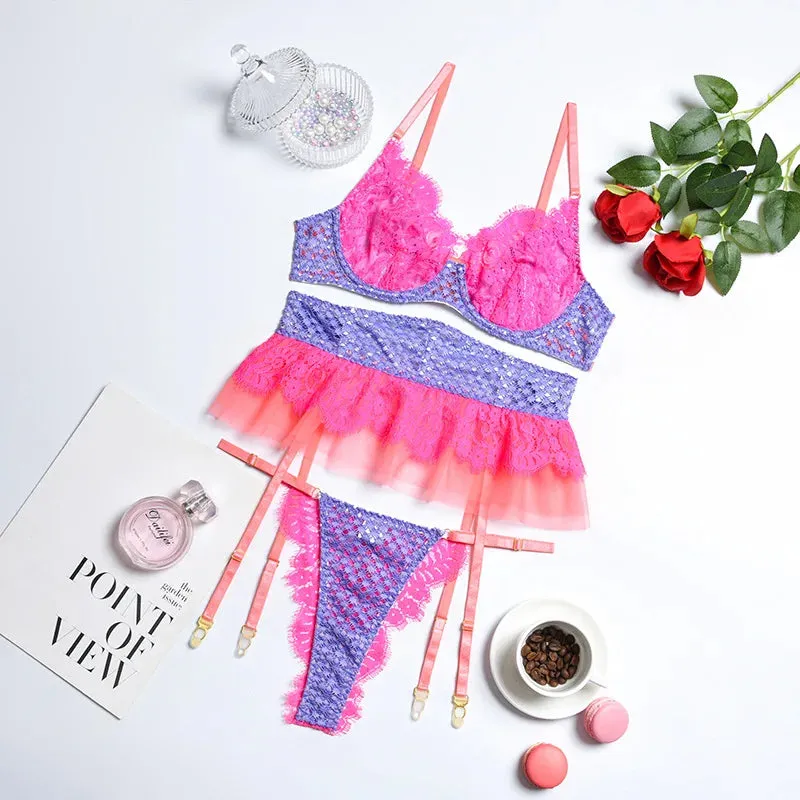 Lace Bra Set Women Contrast Color Mesh Patchwork Lingerie Set Ladies Hallow Out Sexy Underwear Set