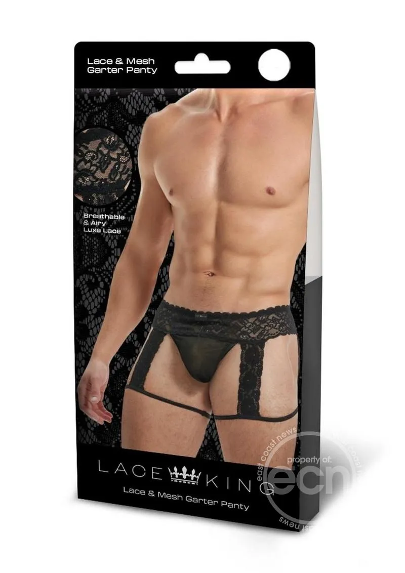 Lace King Men's Lace and Mesh Garter Panty Black