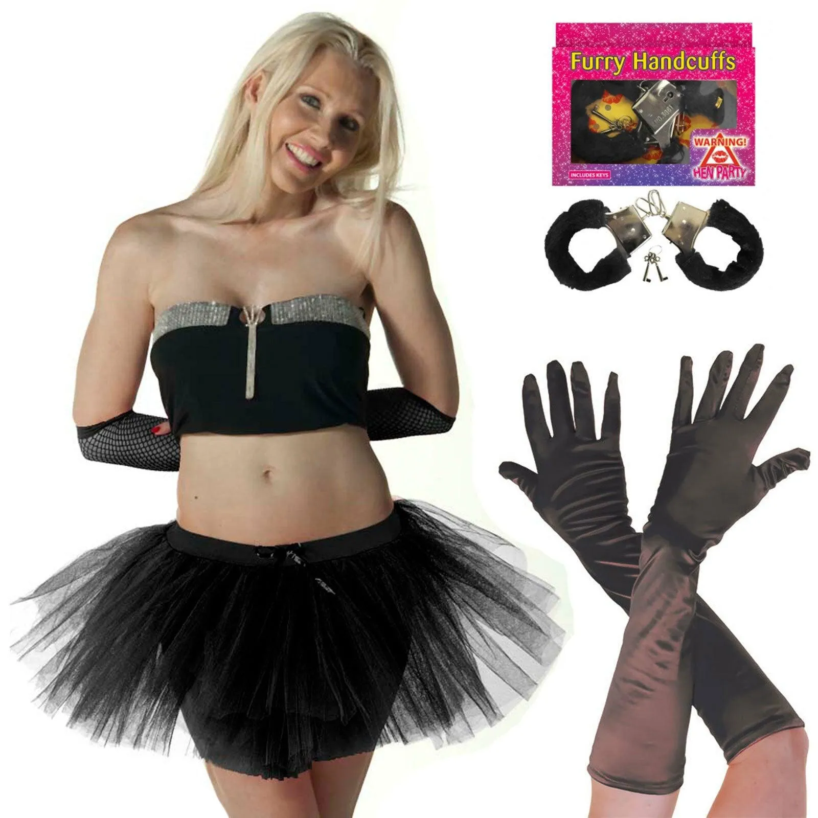 Ladies Black Tutu Skirt Satin Gloves Fur Handcuffs Hen Night Fancy Dress Costume