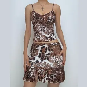 Leopard print v neck lace hem ruffle cami skirt set