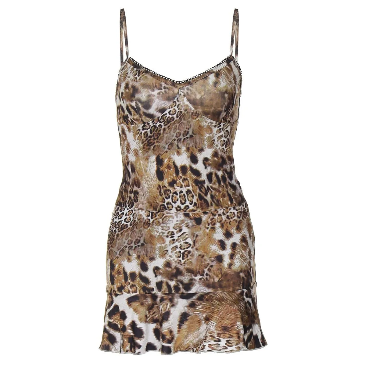 Leopard print v neck lace hem ruffle cami skirt set