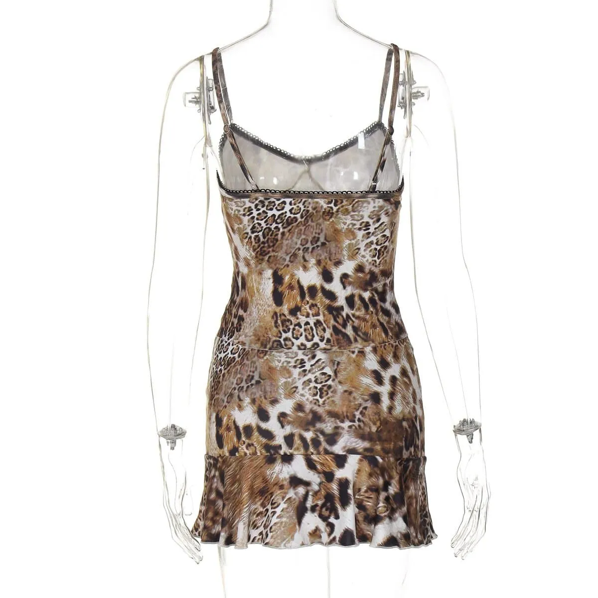 Leopard print v neck lace hem ruffle cami skirt set