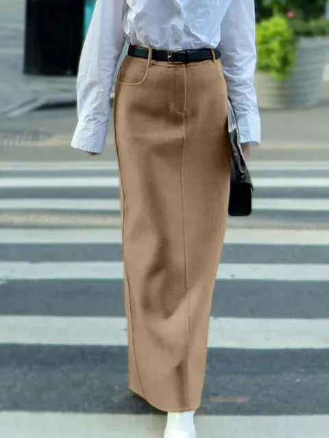 Light Brown Woolen High Waist Maxi Skirt