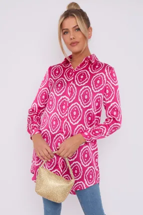 LOVE SUNSHINE Pink Tribe Print Bubble Satin Long Shirt