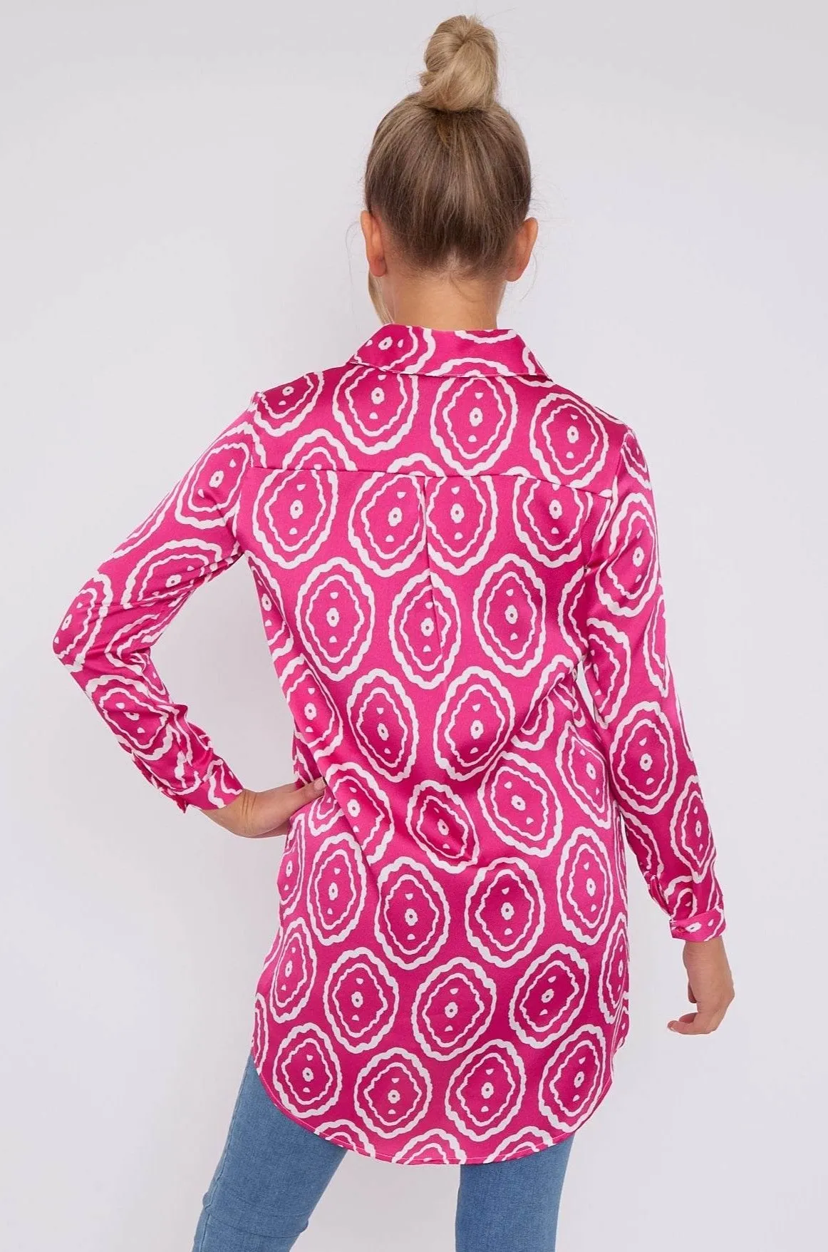 LOVE SUNSHINE Pink Tribe Print Bubble Satin Long Shirt