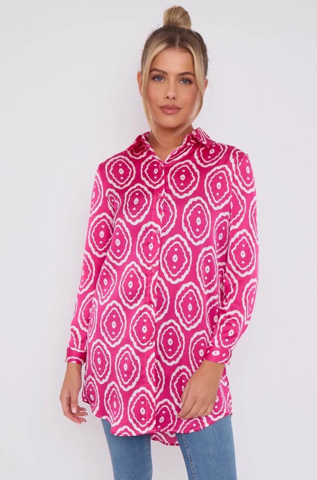 LOVE SUNSHINE Pink Tribe Print Bubble Satin Long Shirt