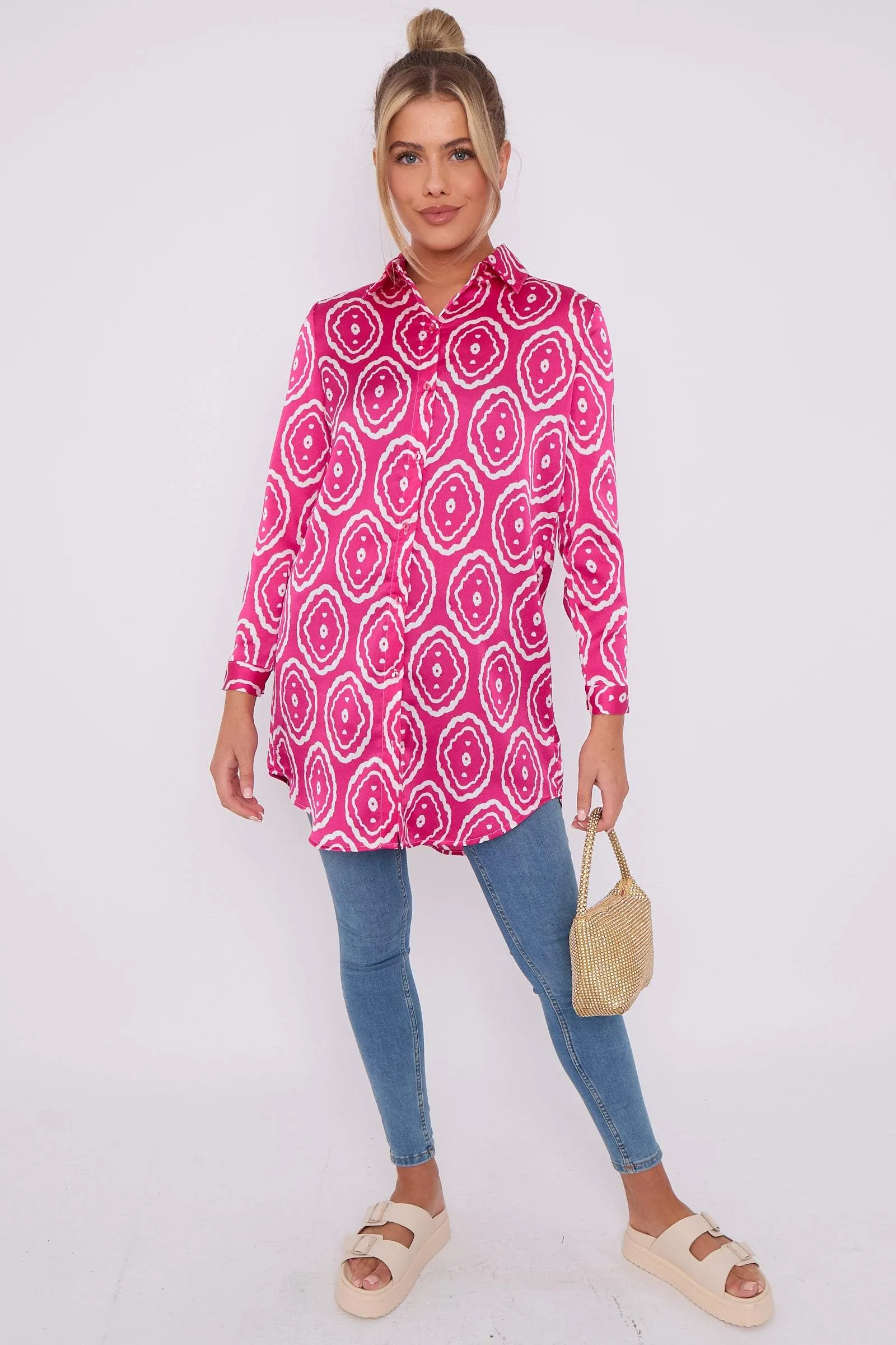 LOVE SUNSHINE Pink Tribe Print Bubble Satin Long Shirt