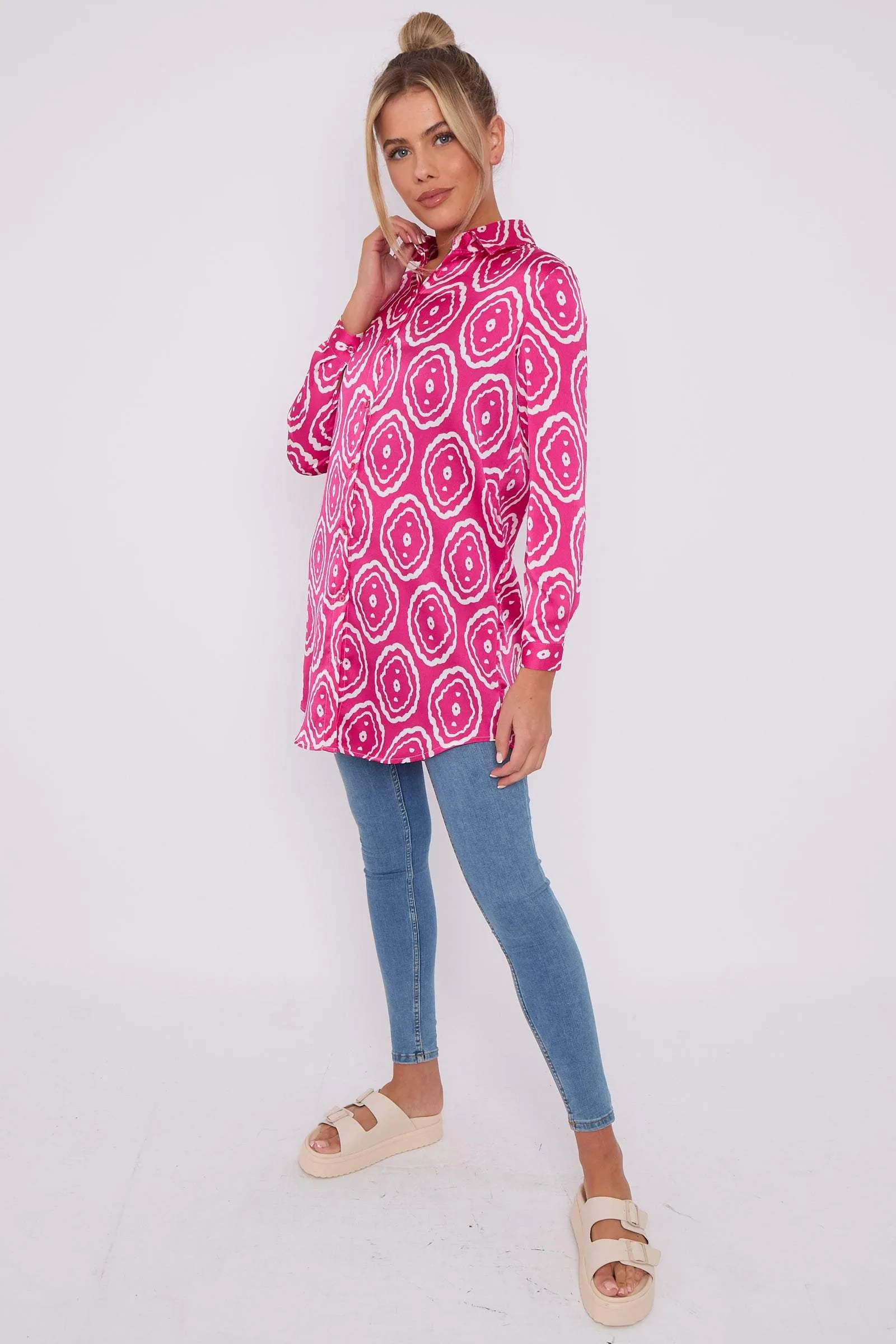 LOVE SUNSHINE Pink Tribe Print Bubble Satin Long Shirt