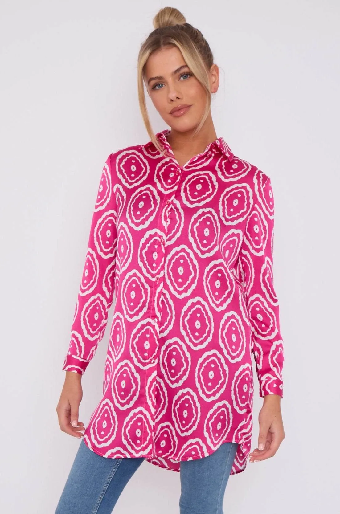 LOVE SUNSHINE Pink Tribe Print Bubble Satin Long Shirt