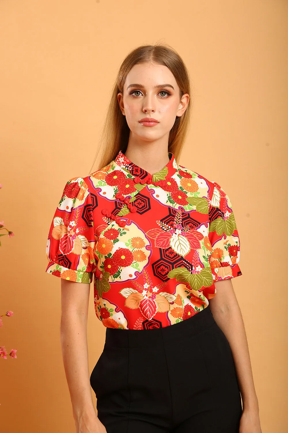 Lucielle Mandarin Collar Blouse in Red