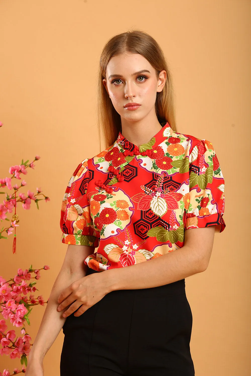 Lucielle Mandarin Collar Blouse in Red