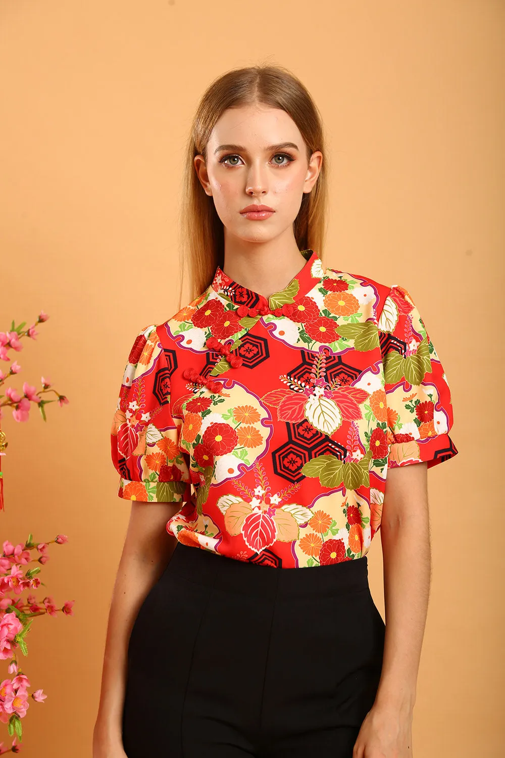 Lucielle Mandarin Collar Blouse in Red