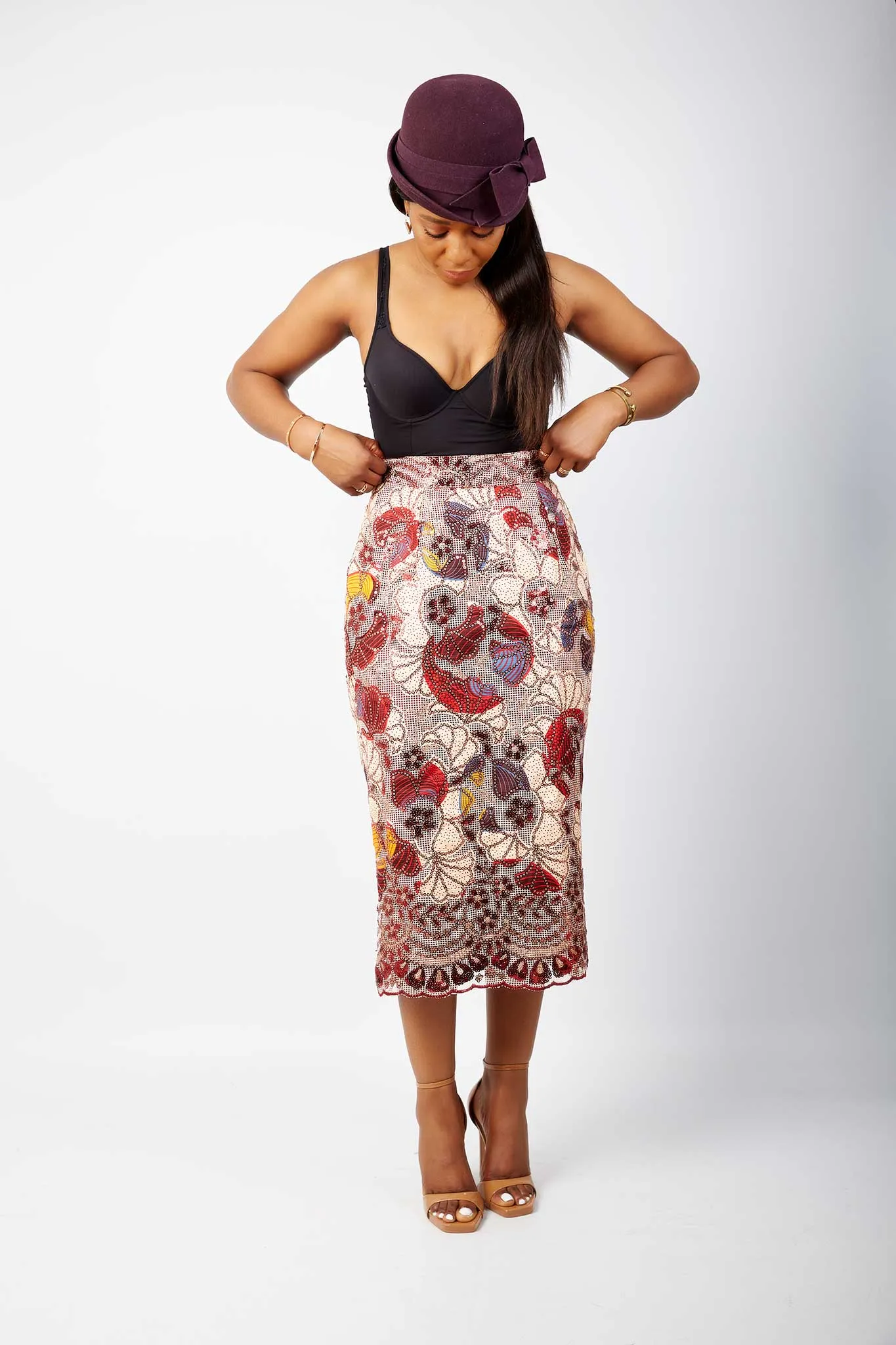 New in African Print Cut Out Net Lace Sequin Midi Skirt- Arese