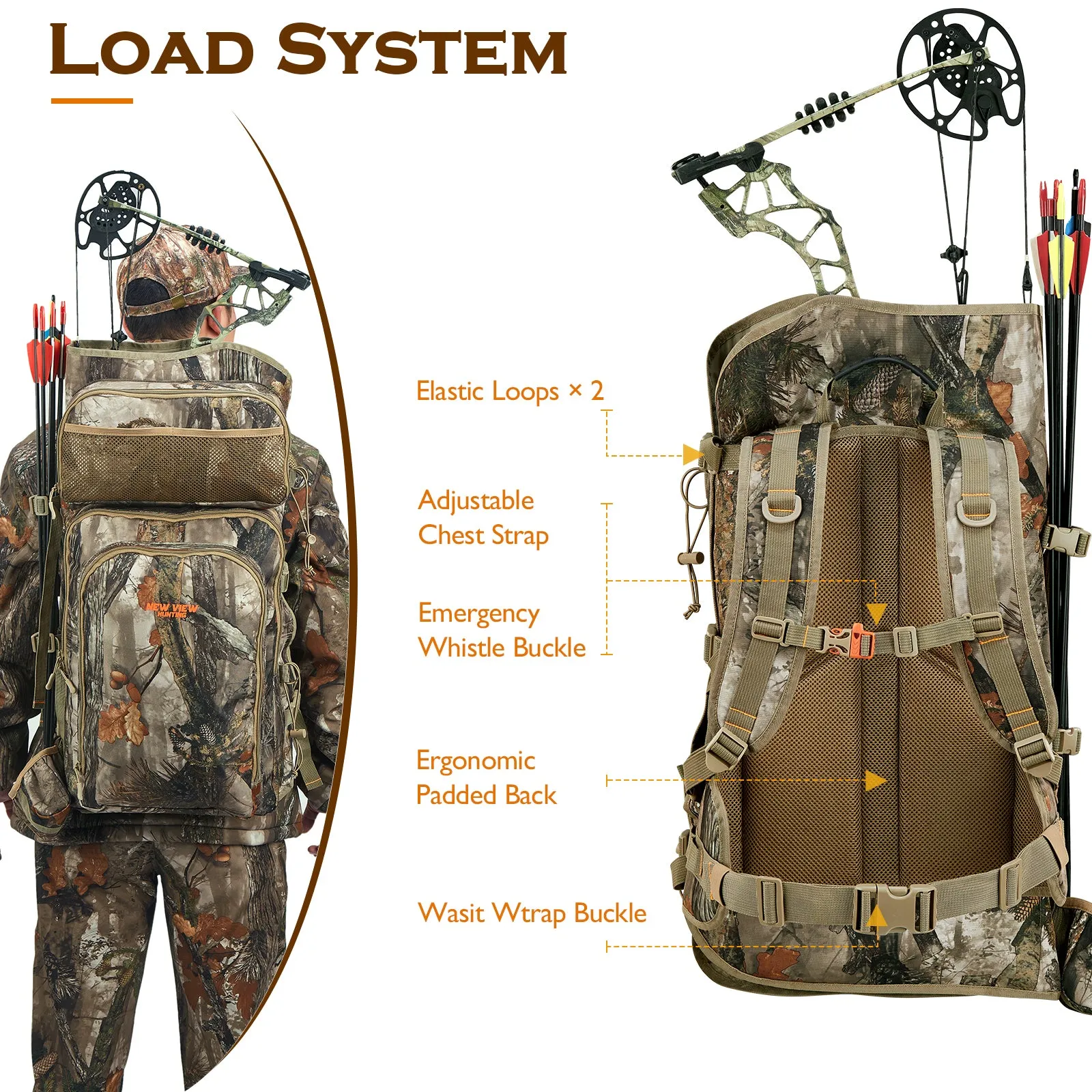 NEW VIEW Camo Hunting Backpack for Men with Compound Bow Holder - Ideal for Saddle Hunting & Bow Hunting of Deer and Elk - Durable Compound Bow Carrier Pack