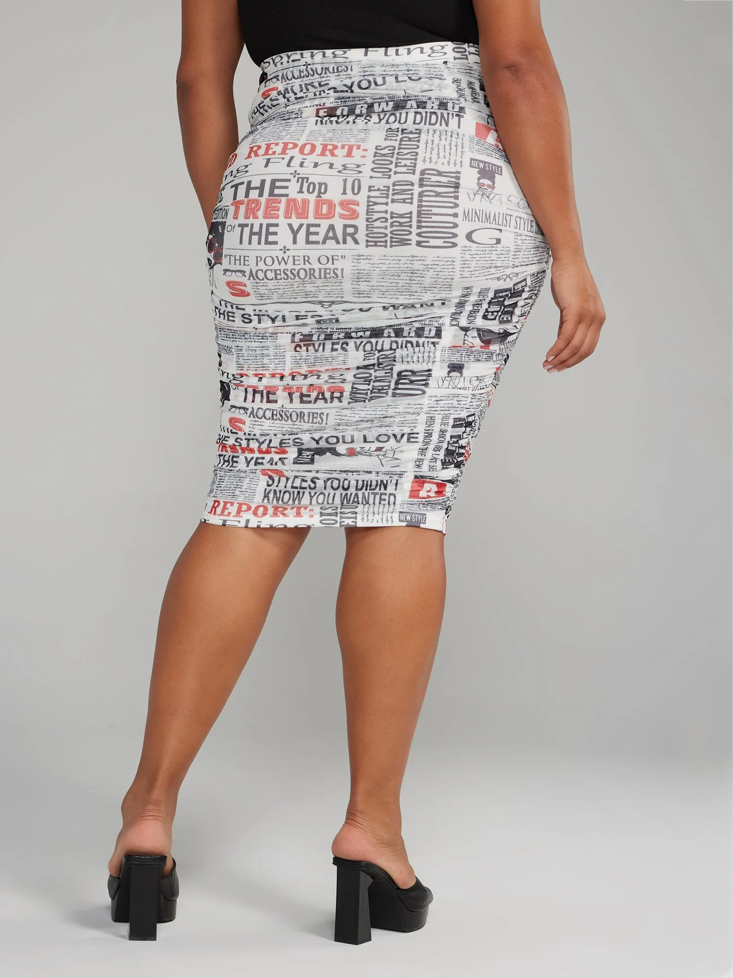 Newspaper Print Ruched Pencil Skirt