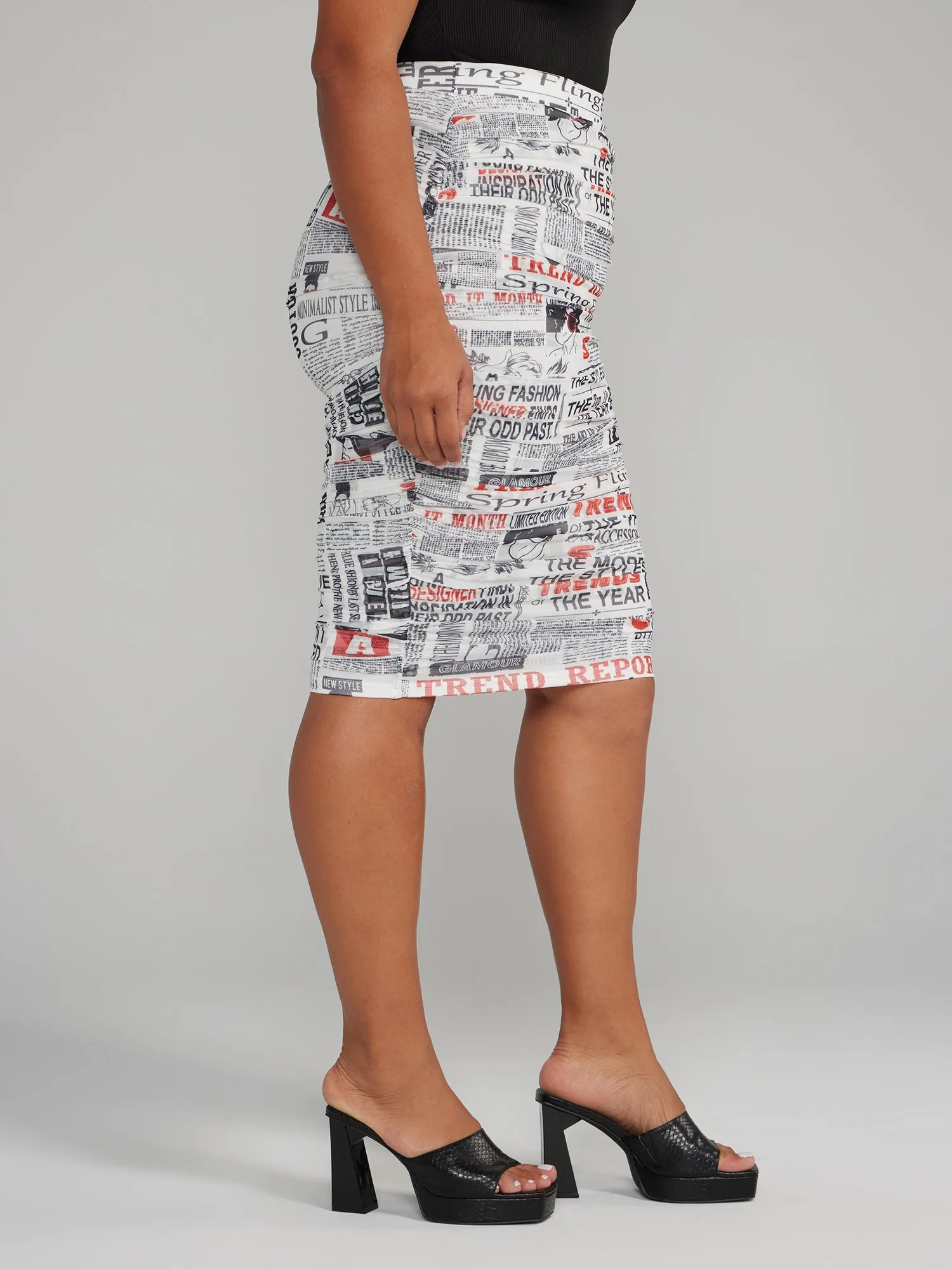 Newspaper Print Ruched Pencil Skirt