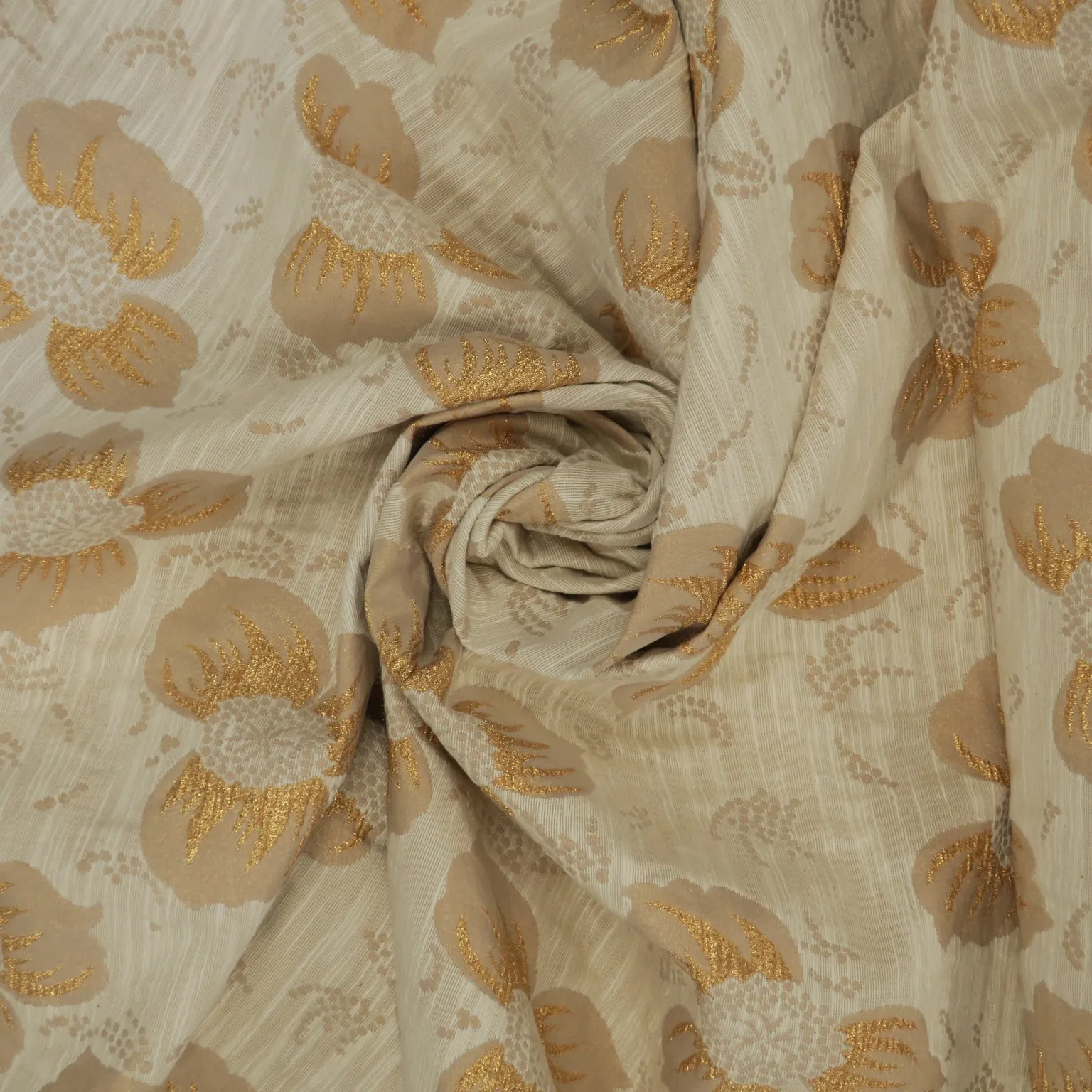 Orange Floral on Ivory Abstract Textured Brocade Fabric