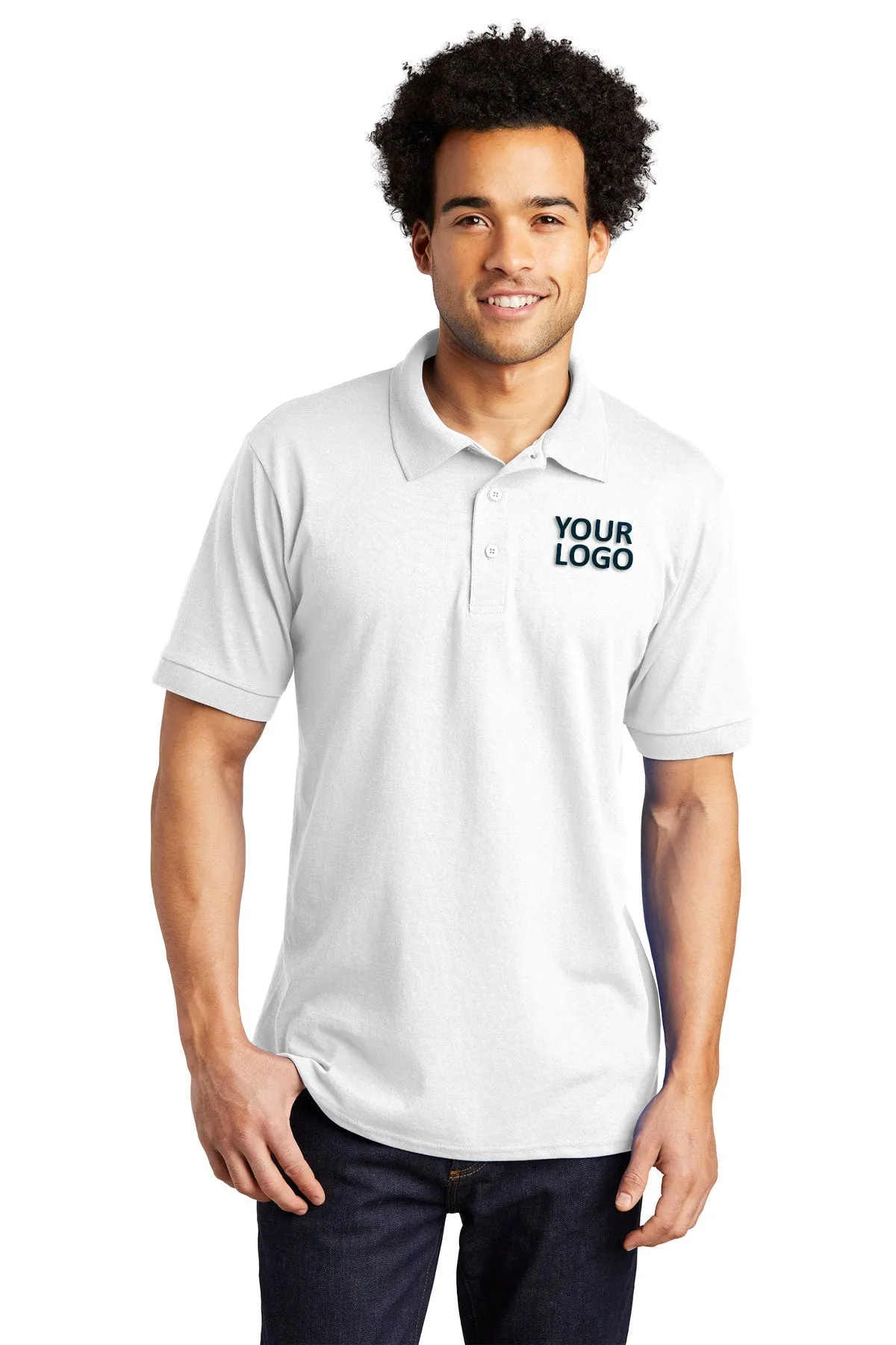 Port & Company Tall Jersey Knit Branded Polos, White