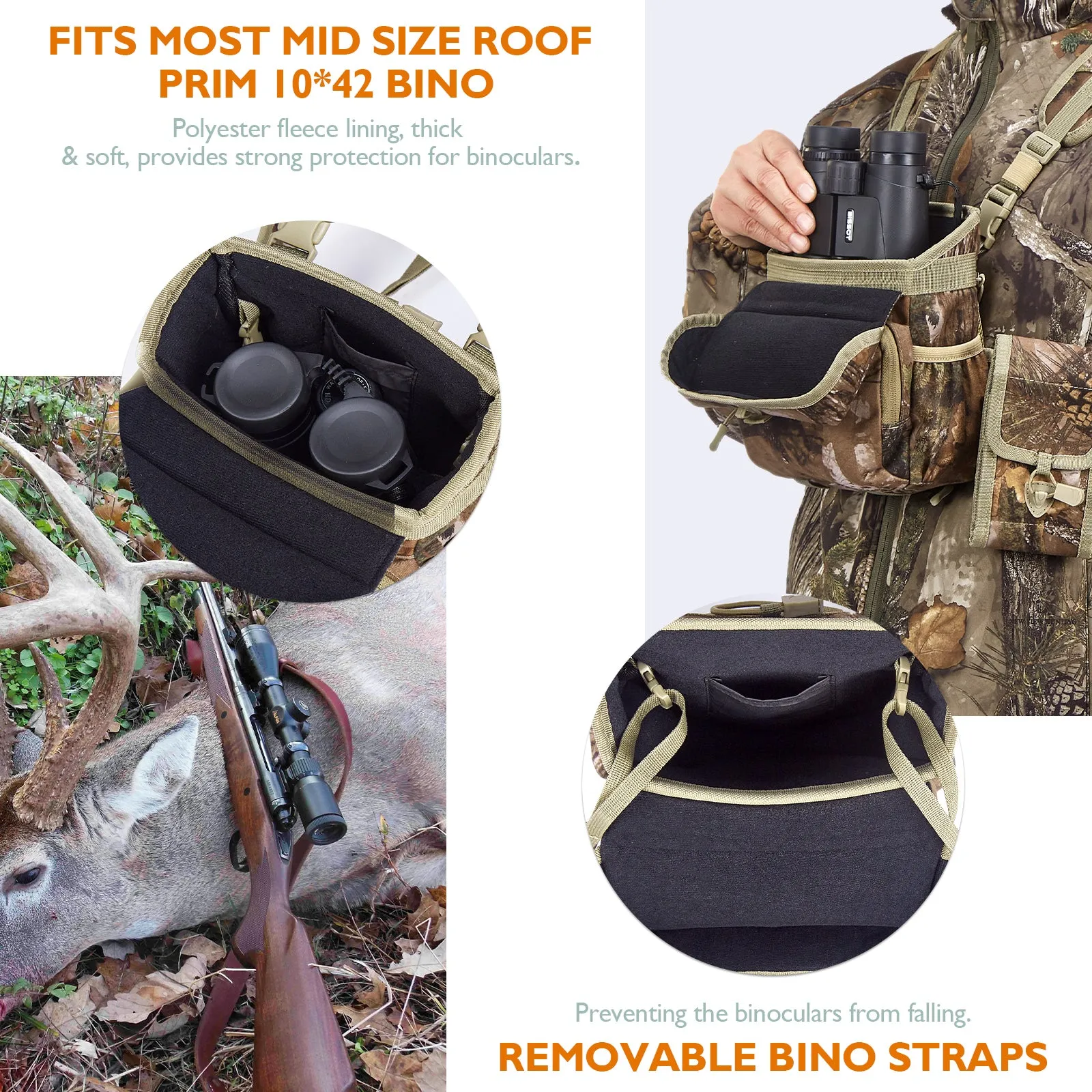 Quiet Binocular Chest Pack for Hunting, Bino Harness with Range Finder Pouch