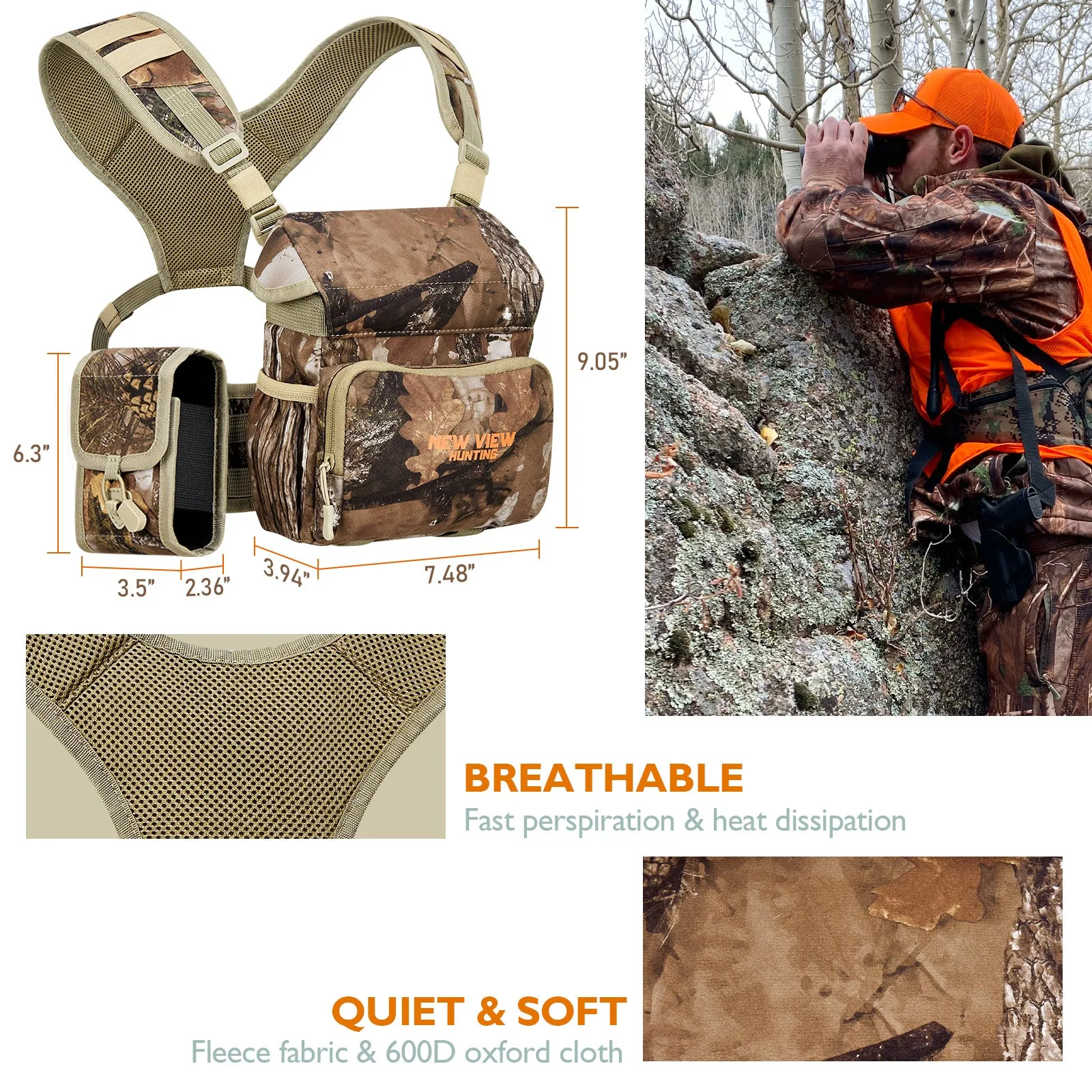 Quiet Binocular Chest Pack for Hunting, Bino Harness with Range Finder Pouch