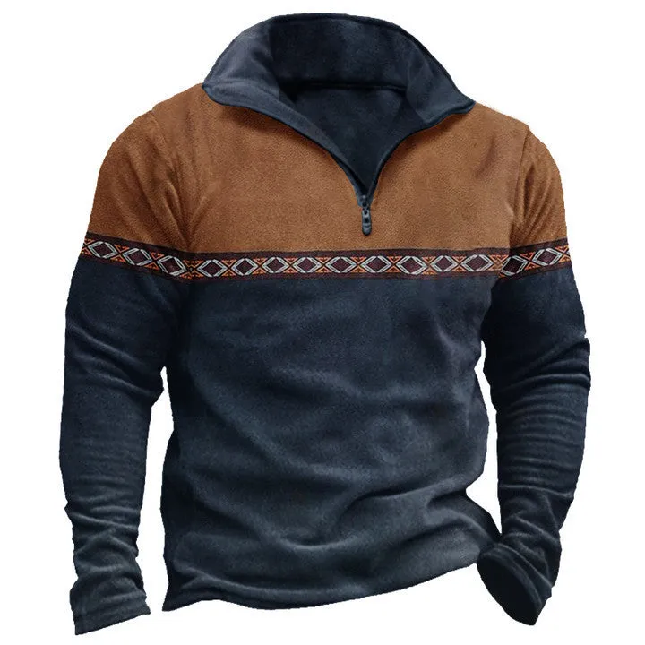 RETRO PATCHWORK POLO SHIRT ZIPPER SWEATSHIRT