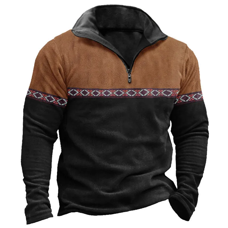 RETRO PATCHWORK POLO SHIRT ZIPPER SWEATSHIRT