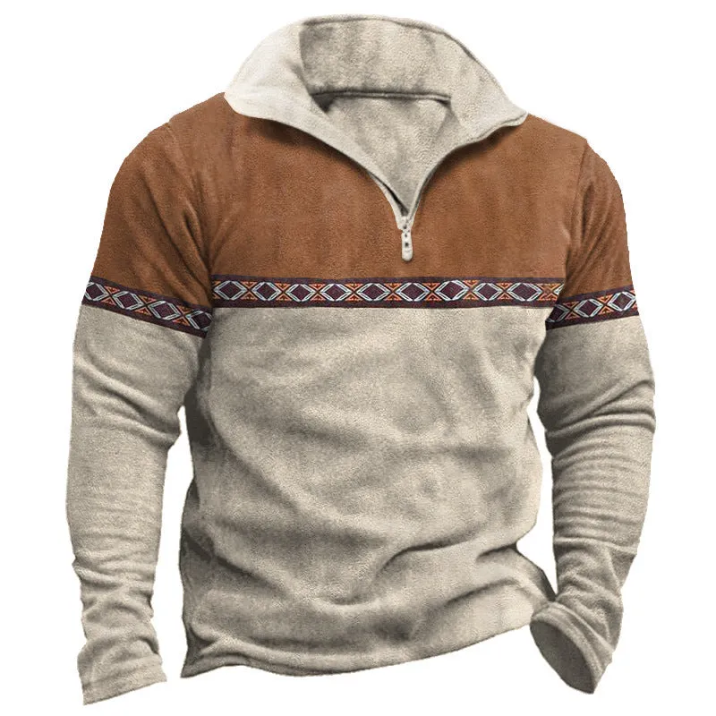 RETRO PATCHWORK POLO SHIRT ZIPPER SWEATSHIRT