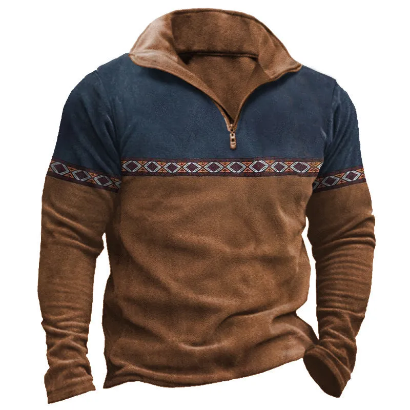 RETRO PATCHWORK POLO SHIRT ZIPPER SWEATSHIRT