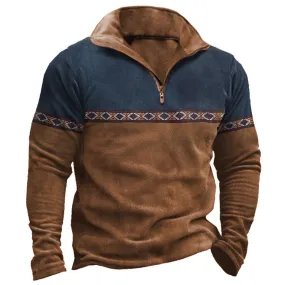 RETRO PATCHWORK POLO SHIRT ZIPPER SWEATSHIRT