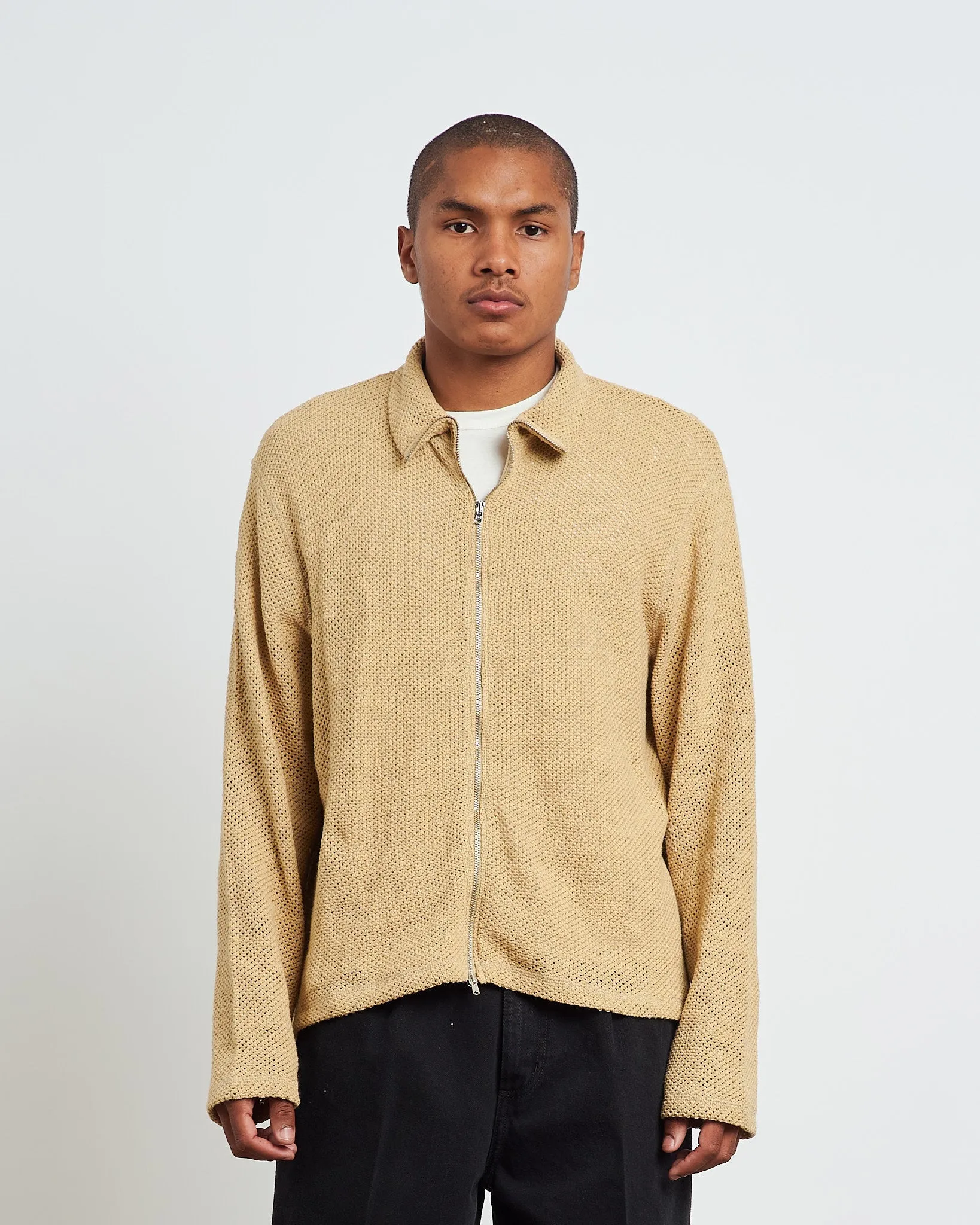 Shrunken Full Zip Polo in Beige