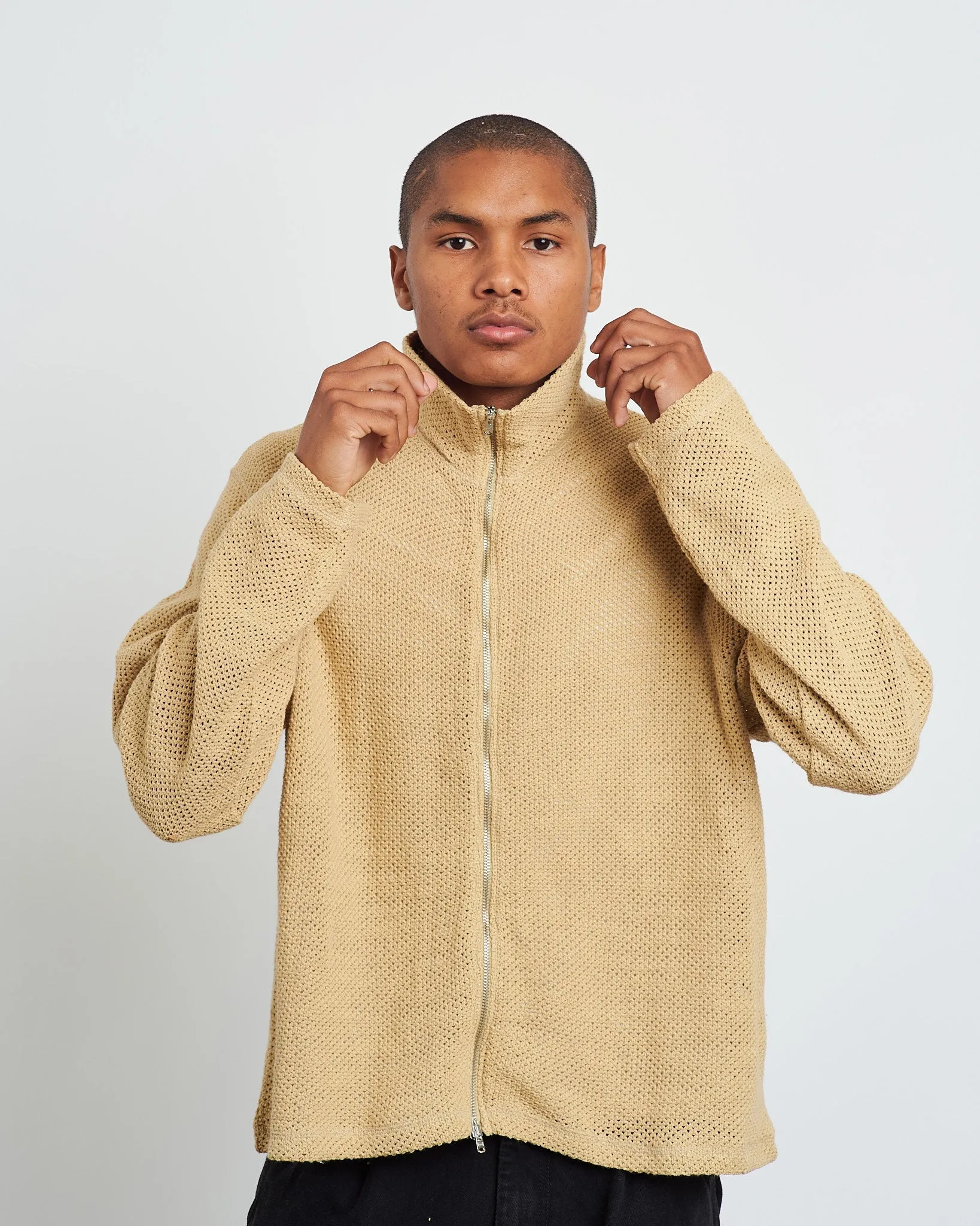 Shrunken Full Zip Polo in Beige