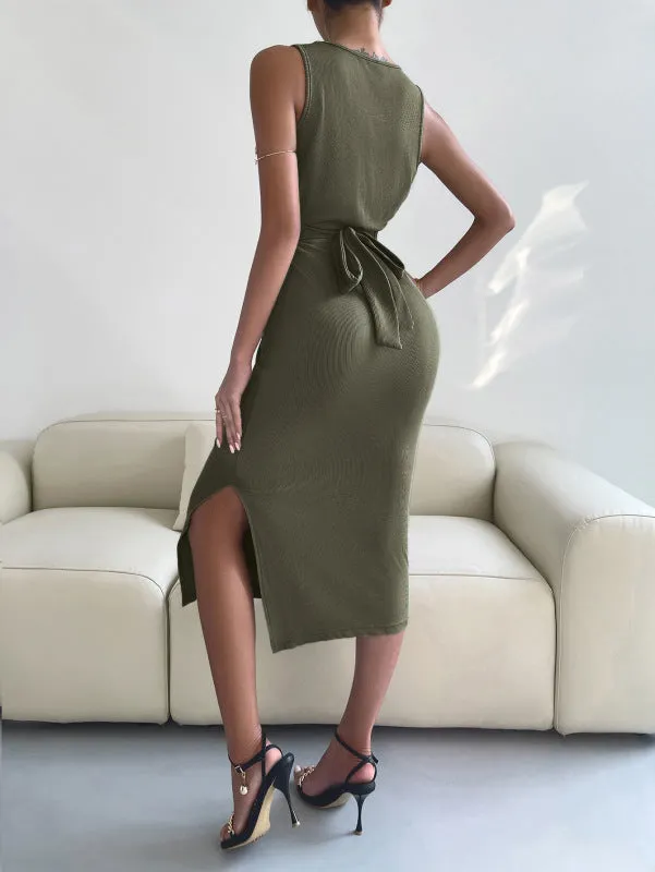 Solid Bodycon Twisted Slit Midi Dress