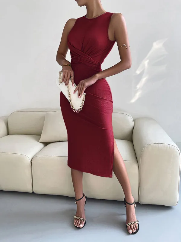 Solid Bodycon Twisted Slit Midi Dress