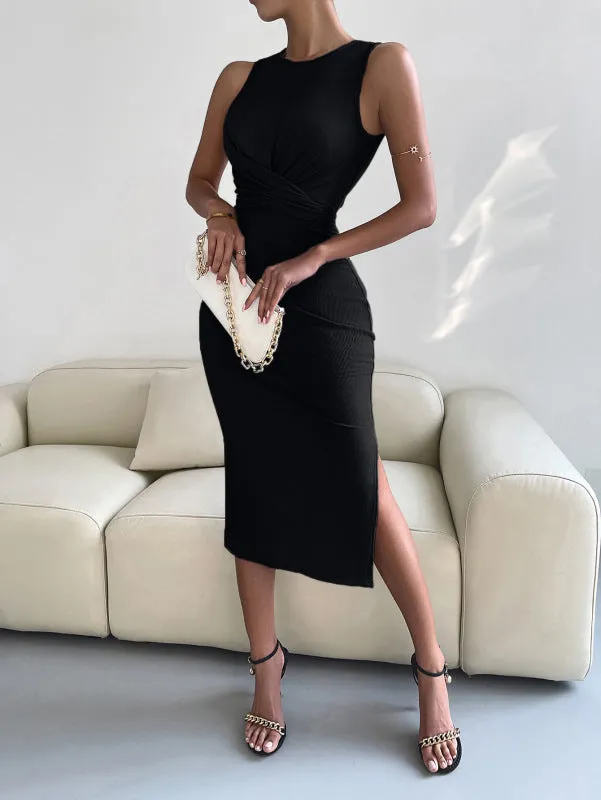 Solid Bodycon Twisted Slit Midi Dress