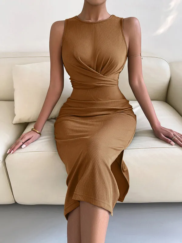 Solid Bodycon Twisted Slit Midi Dress