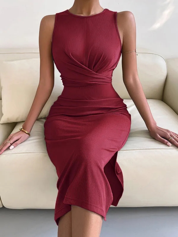 Solid Bodycon Twisted Slit Midi Dress