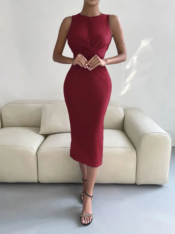 Solid Bodycon Twisted Slit Midi Dress