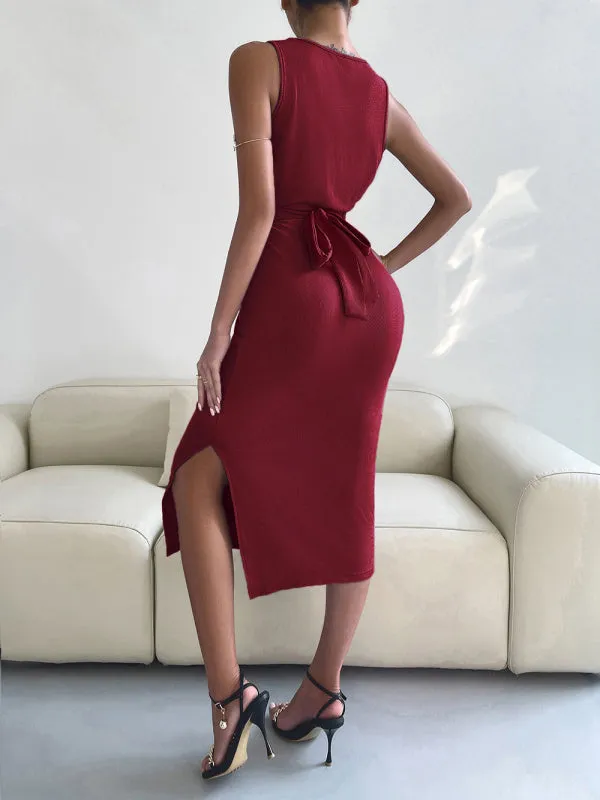 Solid Bodycon Twisted Slit Midi Dress