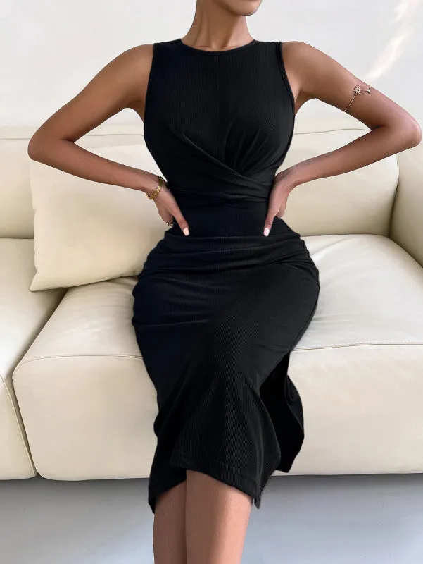 Solid Bodycon Twisted Slit Midi Dress