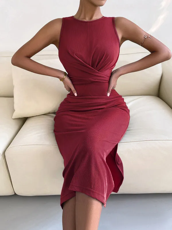 Solid Bodycon Twisted Slit Midi Dress