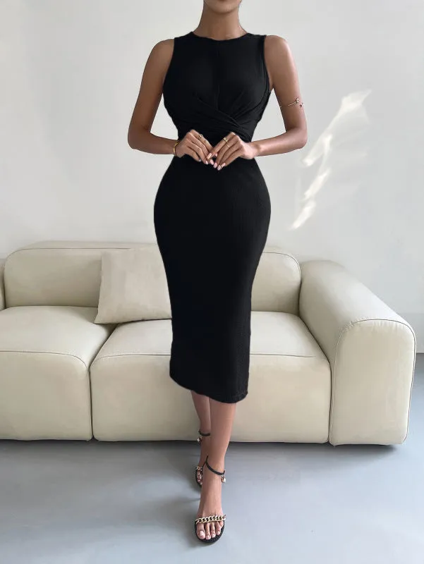 Solid Bodycon Twisted Slit Midi Dress