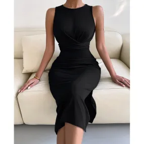 Solid Bodycon Twisted Slit Midi Dress